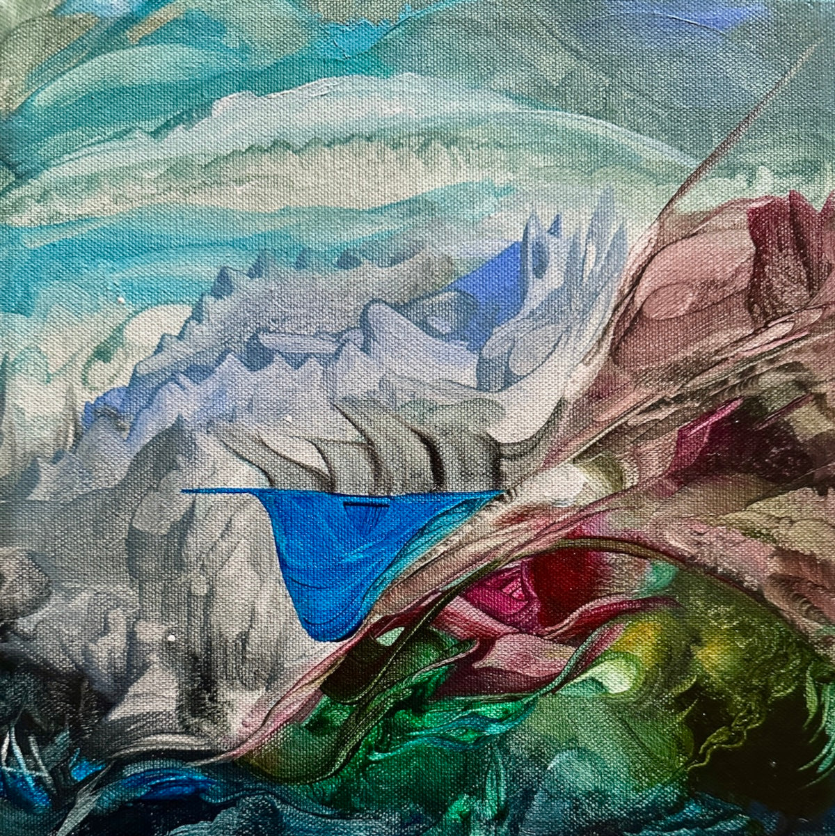 Abstract painting with a blue velvet cloak and mountain landscape