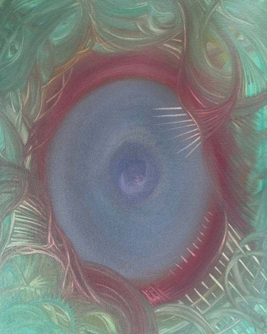 Abstract design with swirling patterns in red, blue, and green.