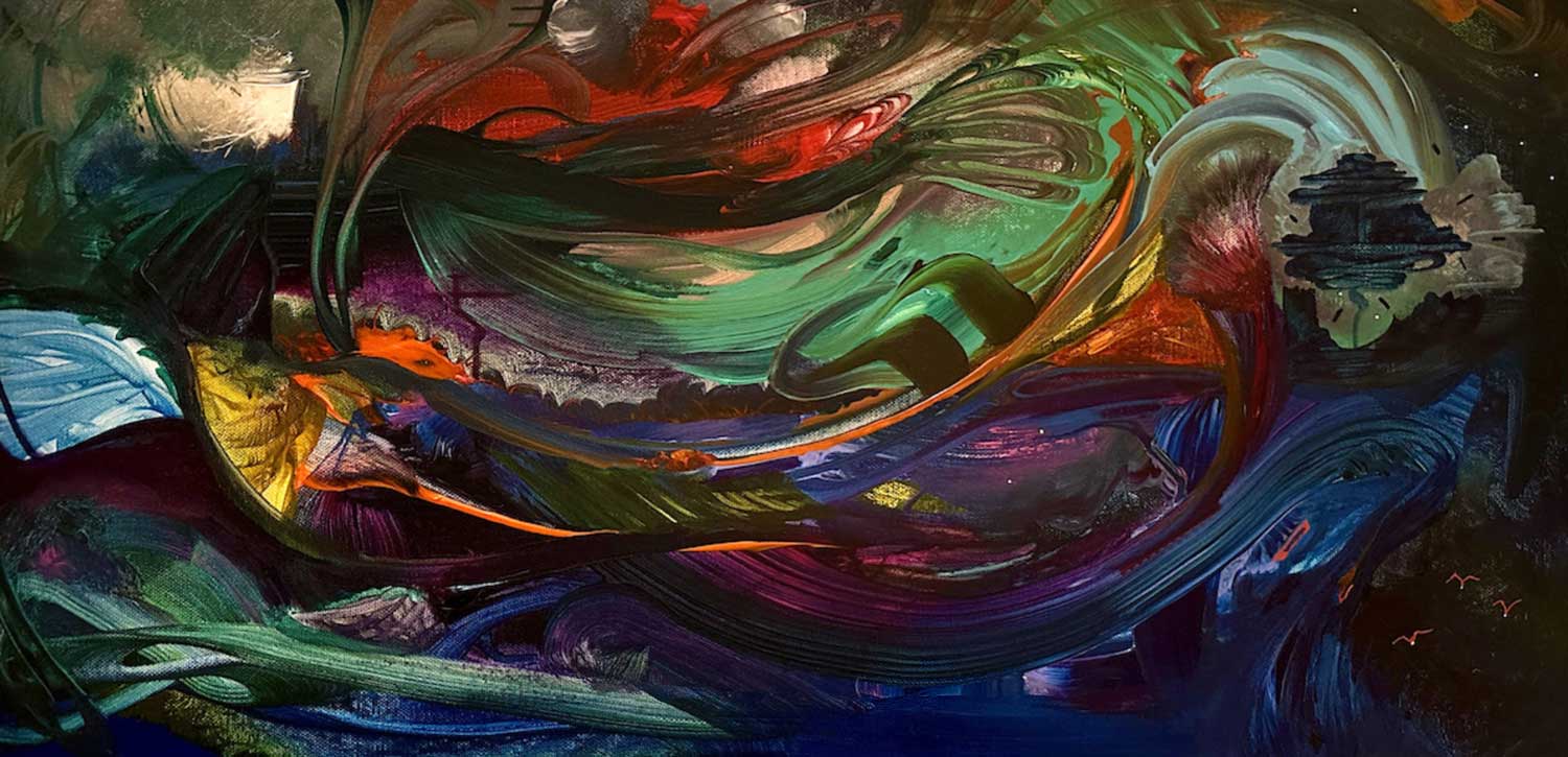 Abstract painting with swirling colors and textures