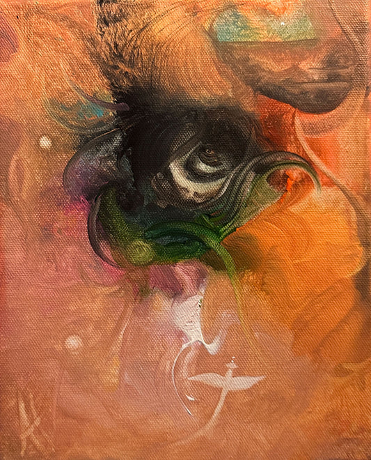 Abstract artwork with a prominent black and green flower-like shape on an orange and pink background.