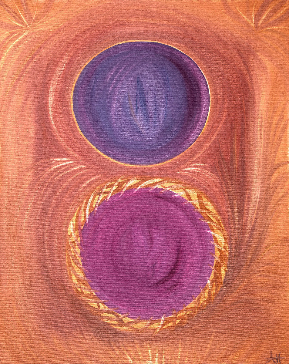Abstract artwork with concentric purple circles on a brown background