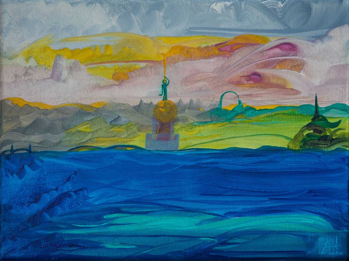 Abstract painting with colorful landscapes and structures.