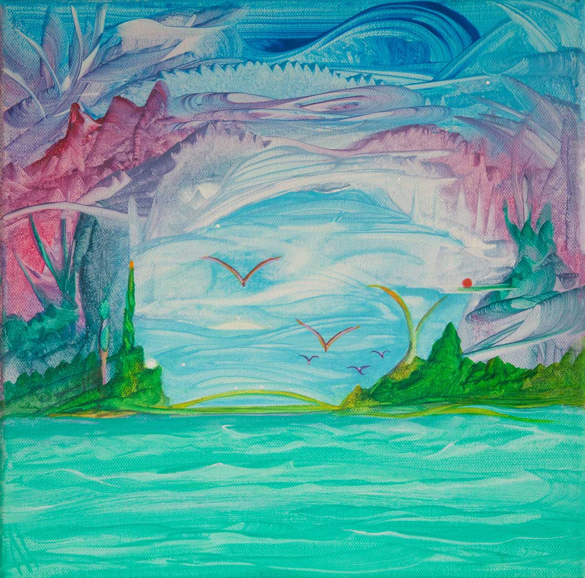 Colorful abstract landscape with water, trees, and birds.