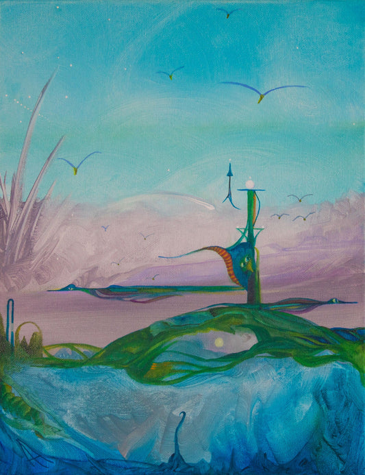 Abstract landscape with a lighthouse, birds, and wavy lines in blue, green, and purple tones. A boat is sailing to safety.
