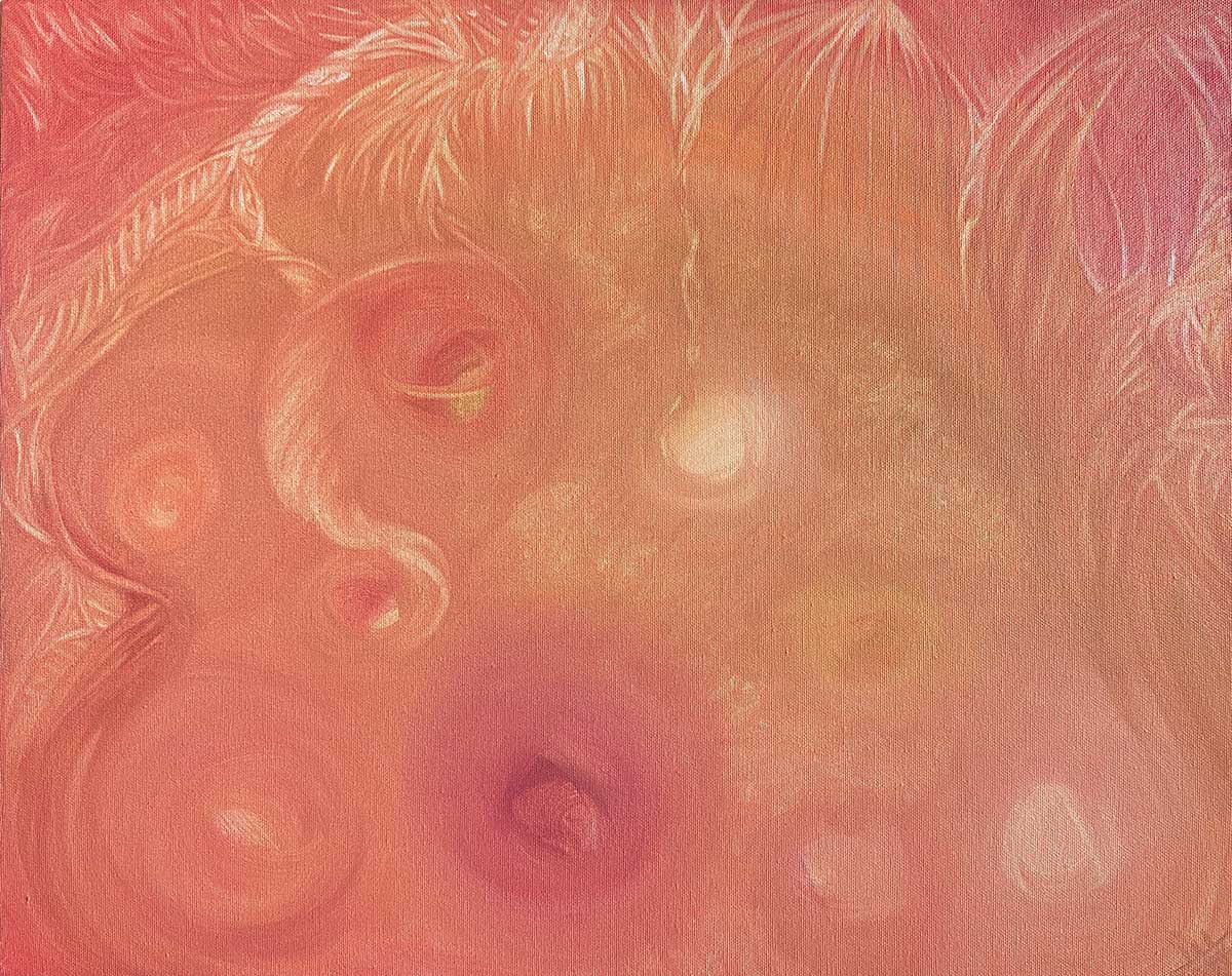Abstract artwork with swirling patterns in shades of red and orange.