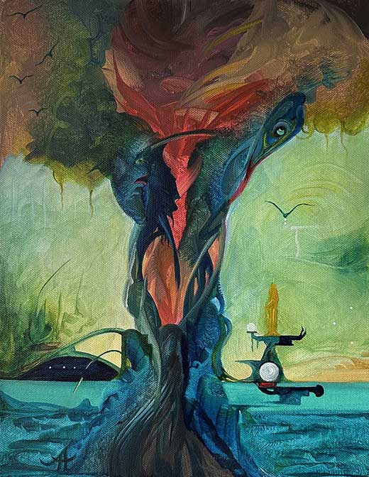 Abstract painting with large, colorful forms in a natural setting